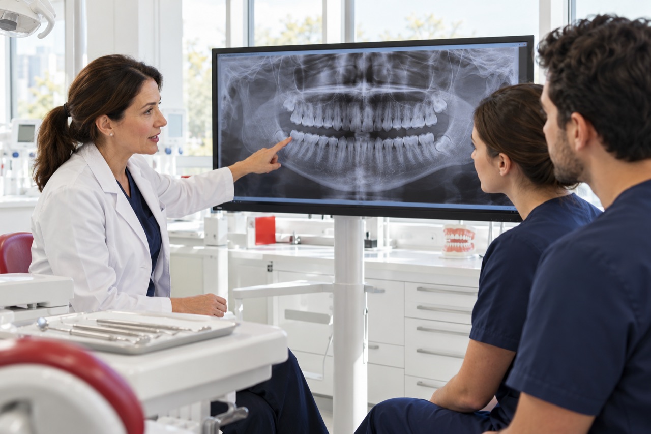 A dental instructor explaining a panoramic radiograph to adult learners