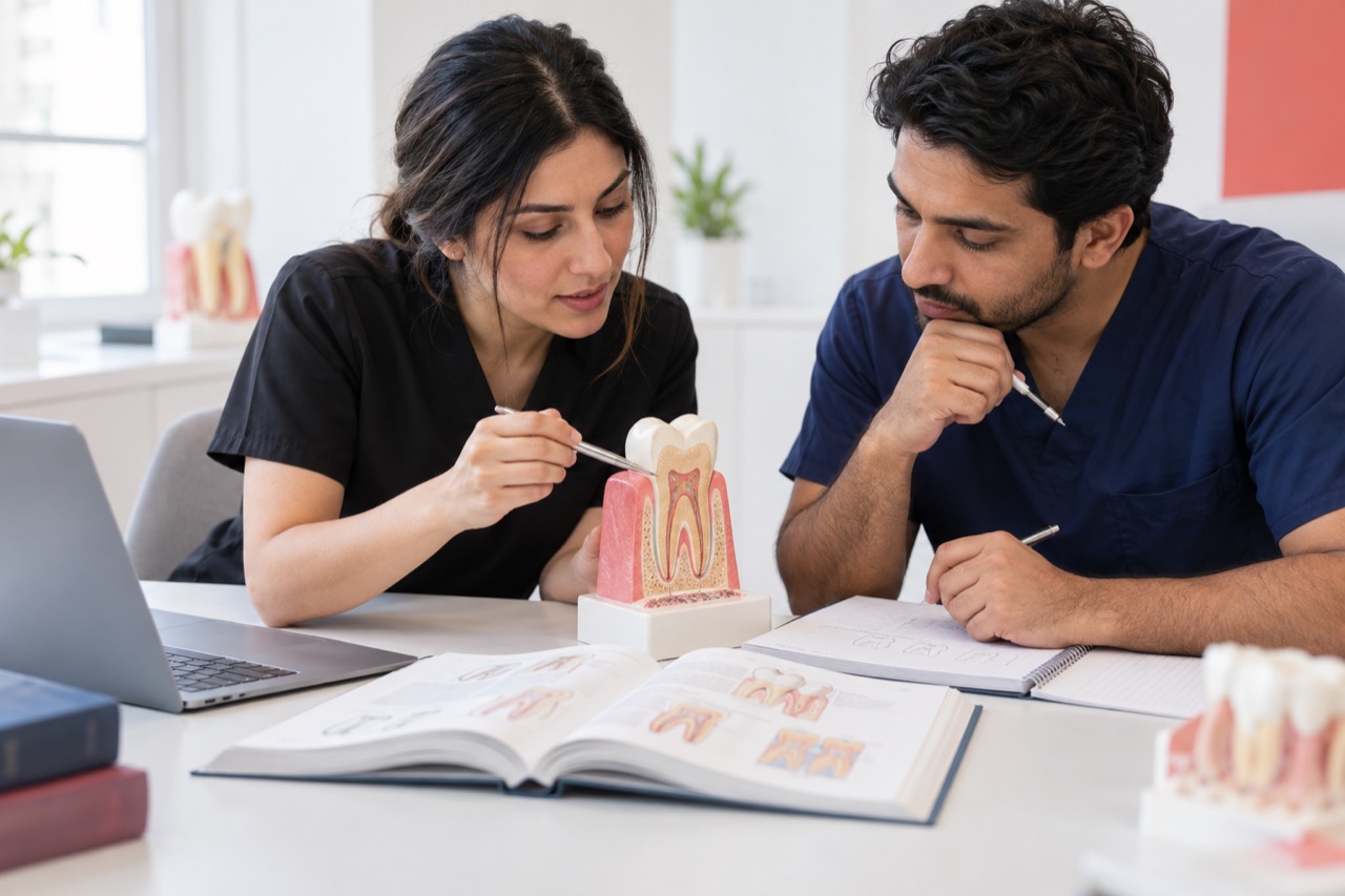 Two dental learners reviewing a tooth anatomy model and textbooks