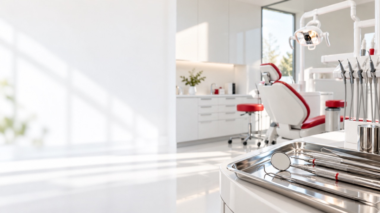 Sunlit dental studio with red and white chair and a tray of dental instruments
